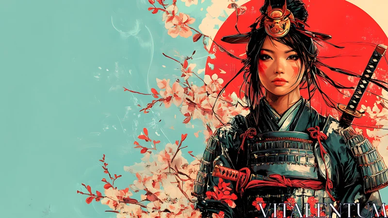 Samurai woman amid blossoms and rising sun backdrop.
