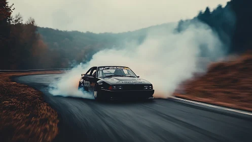 Black drift car slides through smoky mountain racetrack.