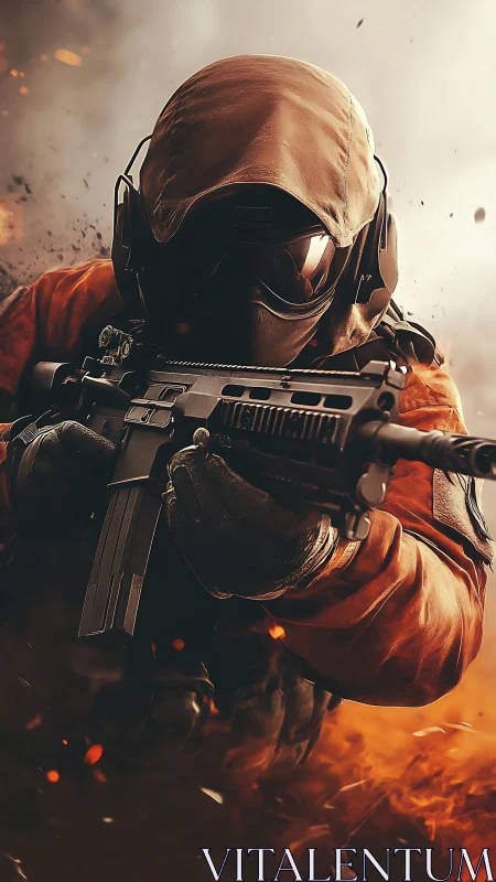 Hooded firestorm trooper charging through flying embers.