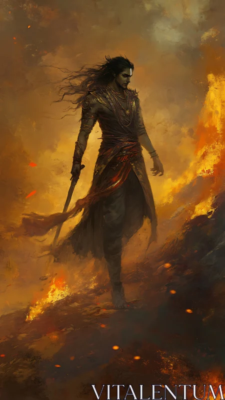 Warrior strides through rising firestorm on burning slope