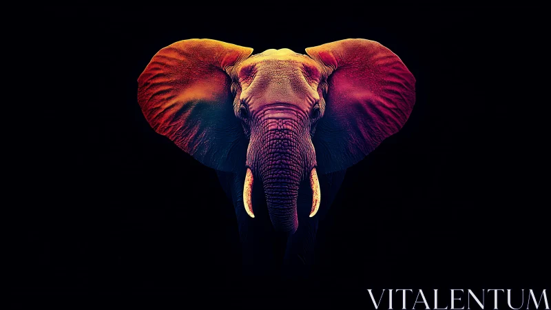 Neon elephant portrait glows against deep black void.