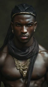 Bronze-lit warrior gazes forward, crowned in braided gold