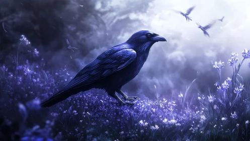 Deep Blue Raven in Purple Lavender Field with Luminescent Atmospheric Effects