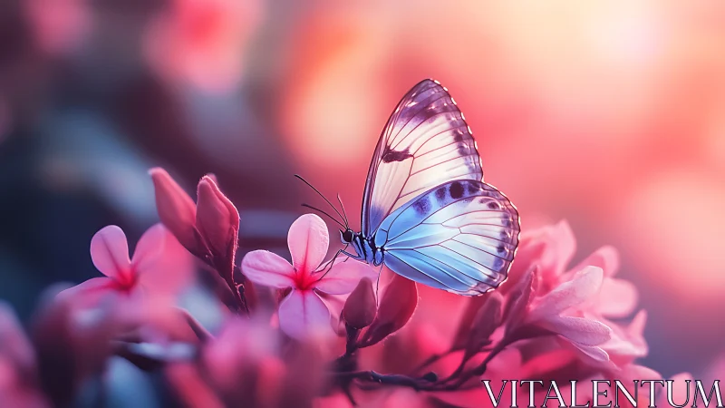 Iridescent butterfly poised on neon pink blossoms at dusk.