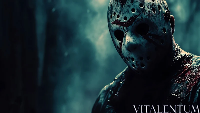 Bloodstained hockey mask stalker in moonlit haunted forest.