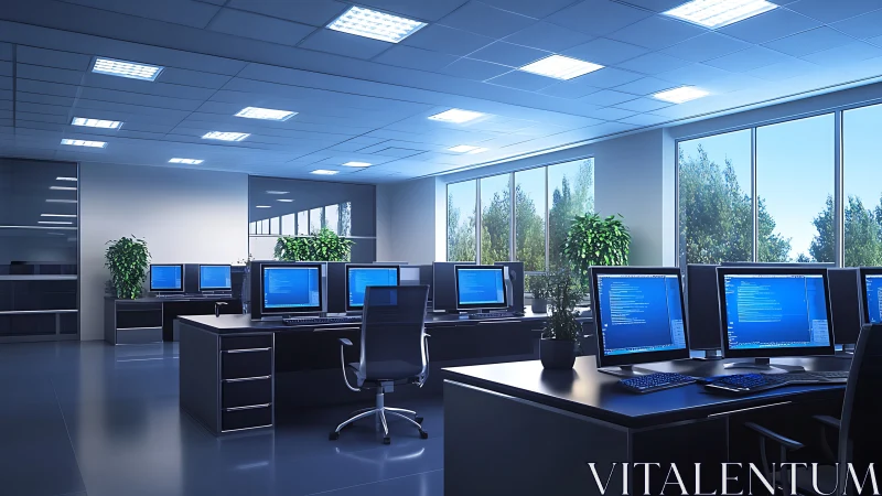 Modern open-plan office with computer workstations and windows.