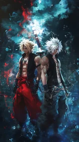 Dual anime warriors stand back to back amid abstract energy