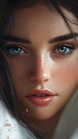 Hyperreal close-up portrait of freckled girl with glassy eyes