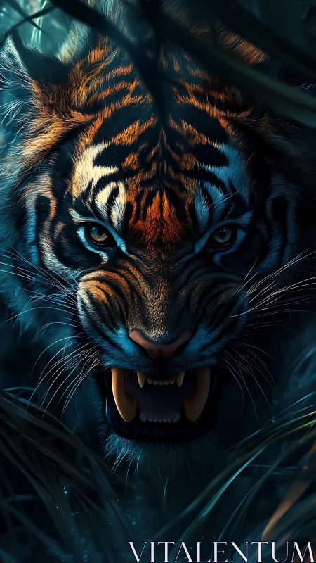 Fierce jungle tiger glowing with wild midnight energy.