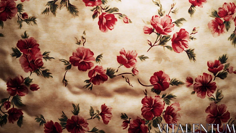 Vintage crimson floral print on softly lit fabric surface.