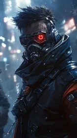 Masked cyberpunk vigilante stalks a neon city at night