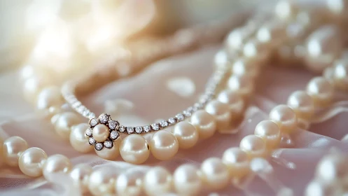 High-key macro study of pearl strands and diamond floral clasp