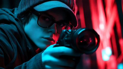 Cyberpunk portrait of urban photographer in neon chiaroscuro.