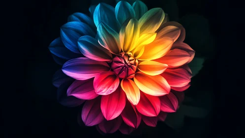 Vivid multicolored dahlia flower on dark black background.