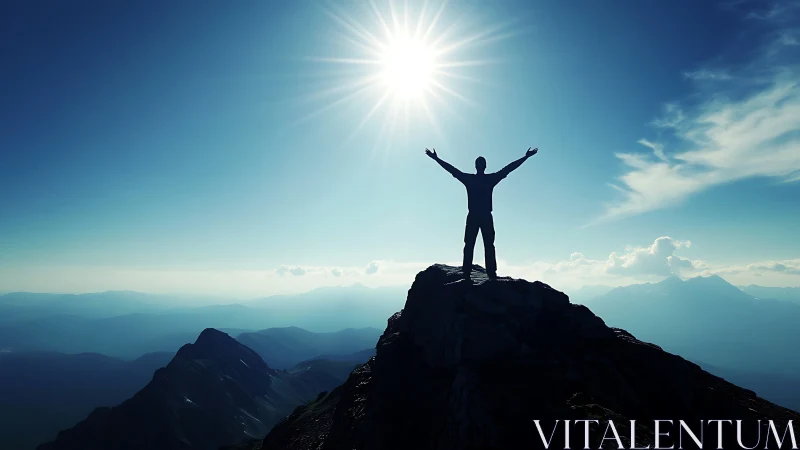 Silhouetted climber on alpine summit under high-contrast midday sun