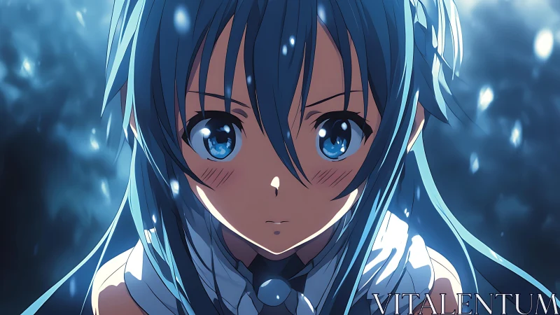 Blue-haired anime girl gazes ahead in glowing twilight.