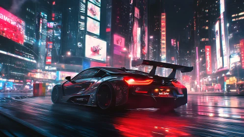 Cyberpunk supercar on neon soaked futuristic city street.
