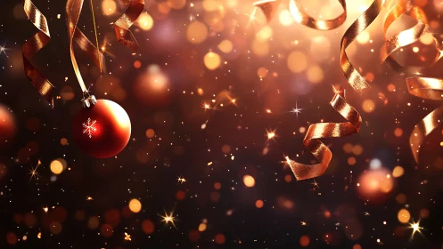 Gilded ribbons whirl around a ruby holiday bauble glow.