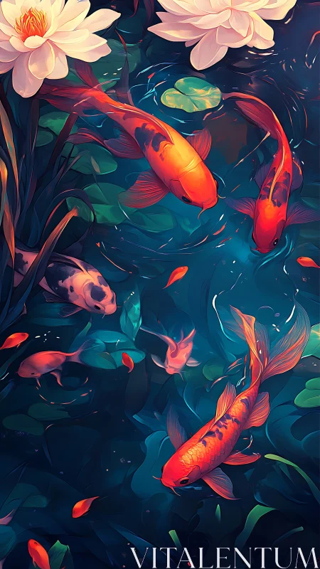 Gentle koi in a moonlit lily pond of glowing colors.