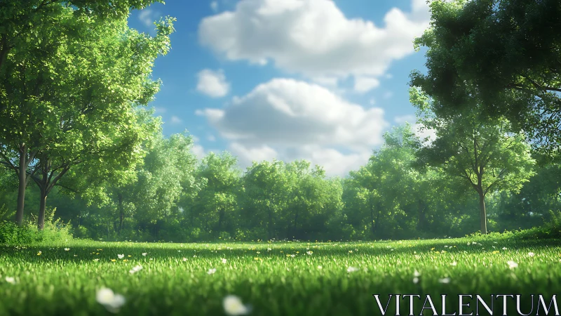 Sunlit meadow opens between bright green forest trees