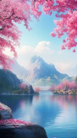 Serene lake and cherry blossoms under distant blue mountains.