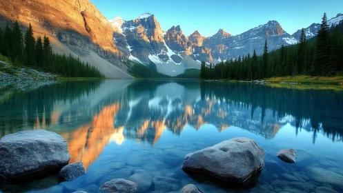 Golden sunrise mountains reflect in a crystal alpine lake