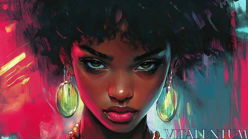 Intense gaze of neon-lit woman amid abstract colors.