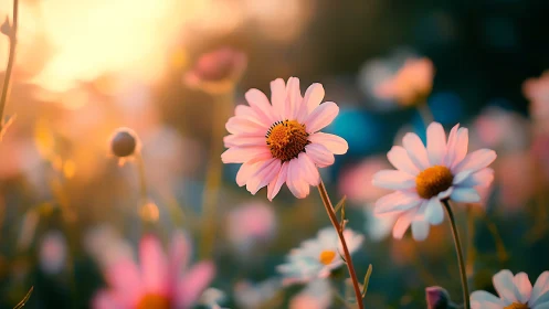Pink Daisies Glowing in Golden Sunlight.