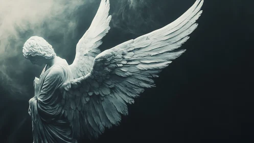 Marble angel statue spreads luminous wings in shadowed mist