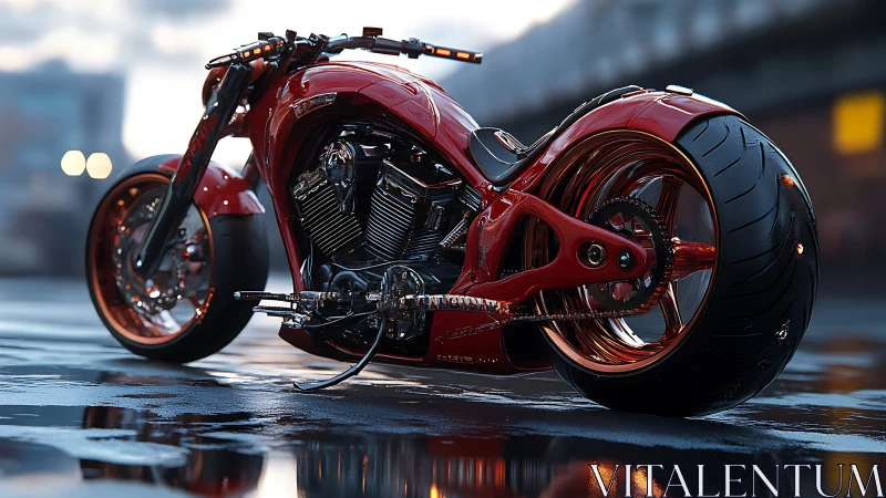 Detailed view shows low-profile custom motorcycle on wet street