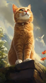 Golden Cat Sits Upright on Rock, Gazing Skyward