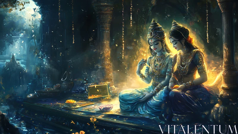 Radiant goddesses sharing a quiet moment in glowing temple.