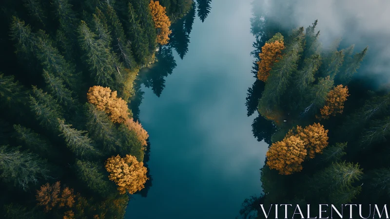 Aerial Forest Lake: Autumn Trees Meet Turquoise Water.