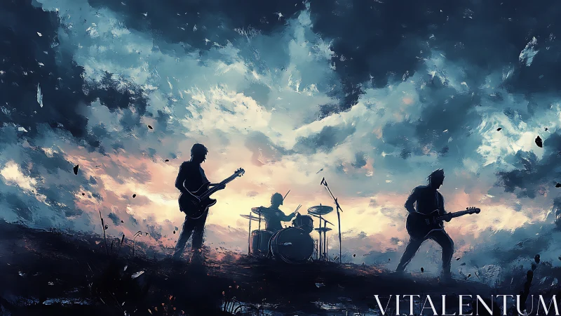 Silhouetted rock band on stormy field under turbulent dusk sky