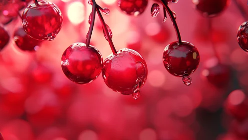 Hyperreal macro study of translucent red berries with droplets
