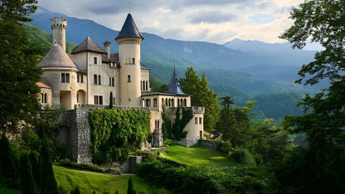 Hilltop stone castle overlooks forested valley at sunset