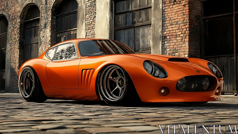 Orange custom coupe parked by aged industrial brick walls.