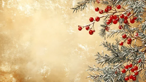 Fir branches and red berries extend across textured background