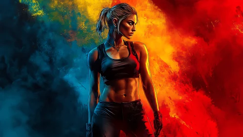 Athletic female figure against dual color smoke field.