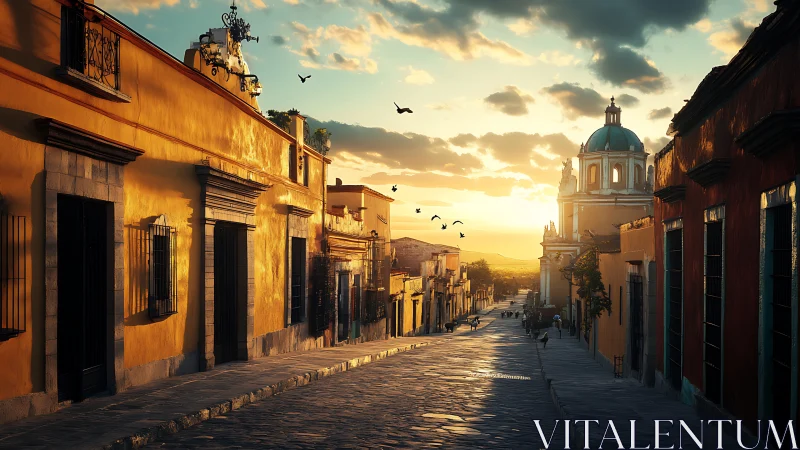 Colonial hillside street glows under a luminous sunset sky.