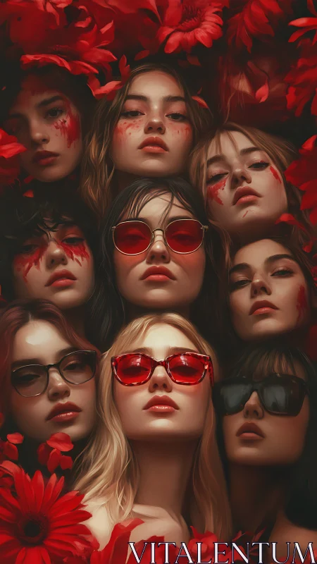 Clustered female portraits are framed by saturated red flowers