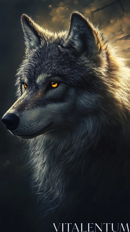 Golden-eyed wolf bathed in moonlit forest glow at dusk.
