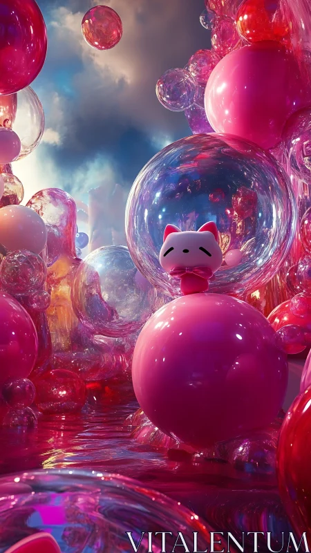 Pink cat figurine in luminous iridescent bubble landscape.