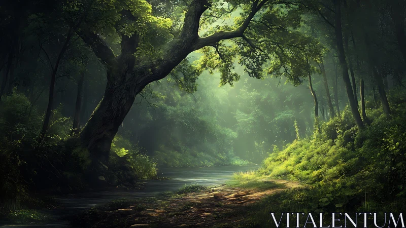 Enchanted Forest Stream Bathed in Ethereal Sunlight