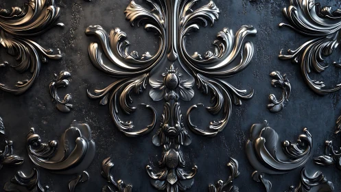 Baroque metallic scrollwork relief on dark textured wall