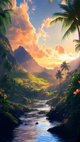 Tropical river valley at sunset with distant mountain ridge.