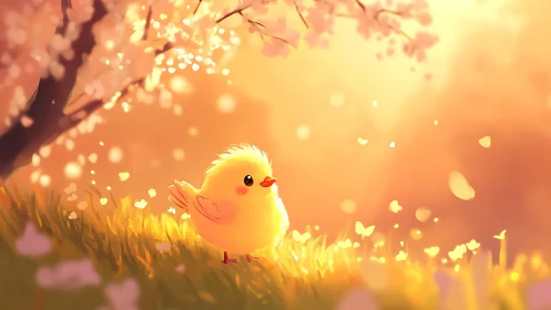 Yellow chick under blossom tree in diffuse warm light.