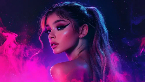 Neon-lit portrait of young woman in magenta and cyan vapor