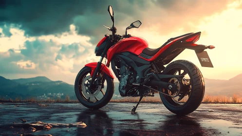 Red sport motorcycle under cinematic stormlight on overlook.