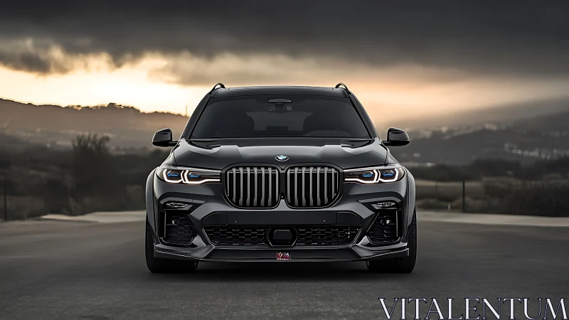 Twilight drive with a bold black BMW against moody hills.